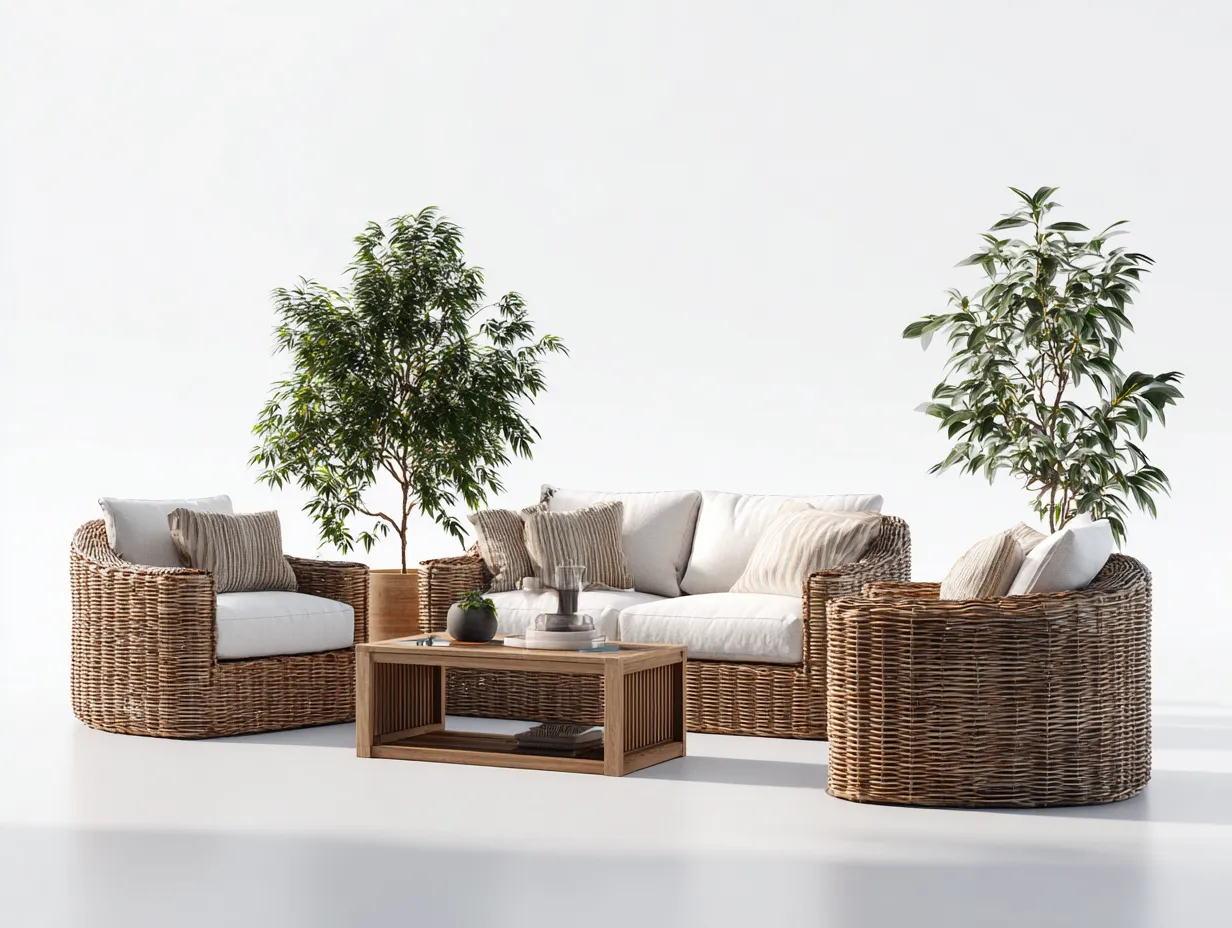 Sofás de jardín ratán natural con cojines beige y mesa de centro 200x80x75 cm - diseño moderno para exterior-Bamboogoio