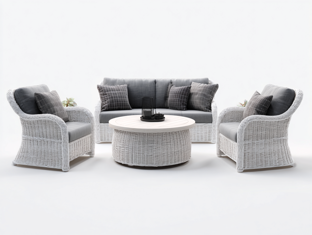 Sofás de jardín ratán blanco con cojines grises y mesa redonda 210x85x80 cm - diseño moderno para exterior-Bamboogoio