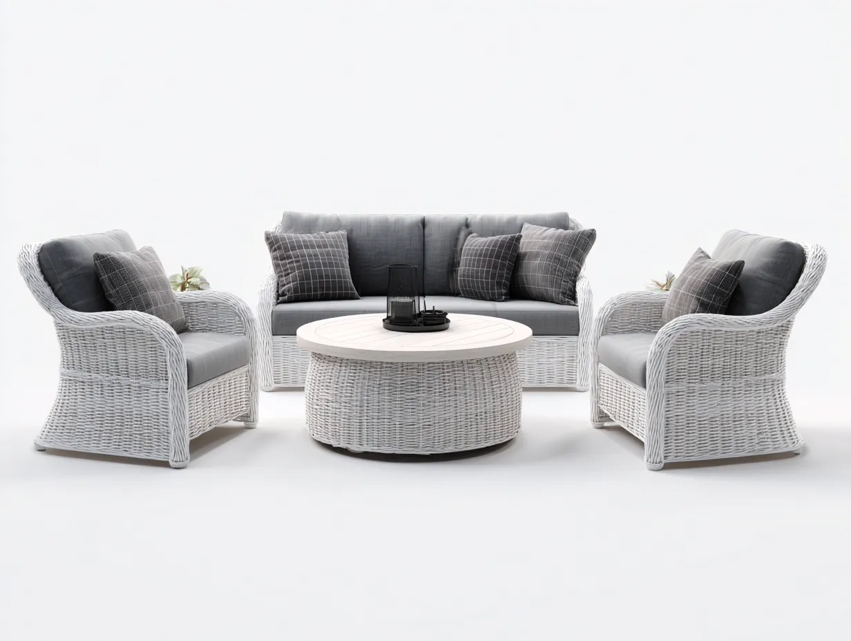 Sofás de jardín ratán blanco con cojines grises y mesa redonda 210x85x80 cm - diseño moderno para exterior-Bamboogoio