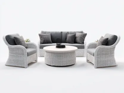 Sofás de jardín ratán blanco con cojines grises y mesa redonda 210x85x80 cm - diseño moderno para exterior-Bamboogoio