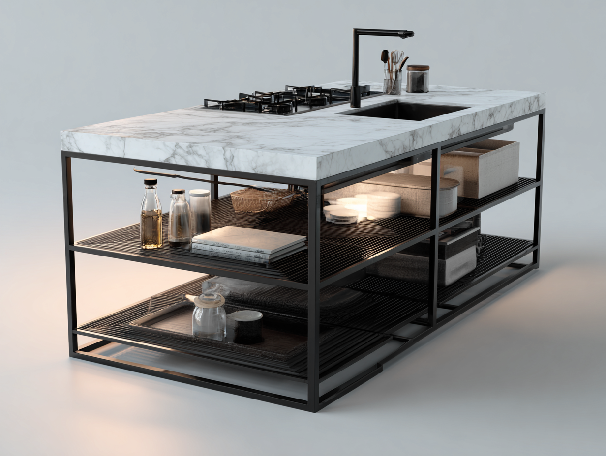 Islas de cocina acero negro encimera efecto mármol con estantes 160x80x90 cm - diseño industrial para cocina-Bamboogoio