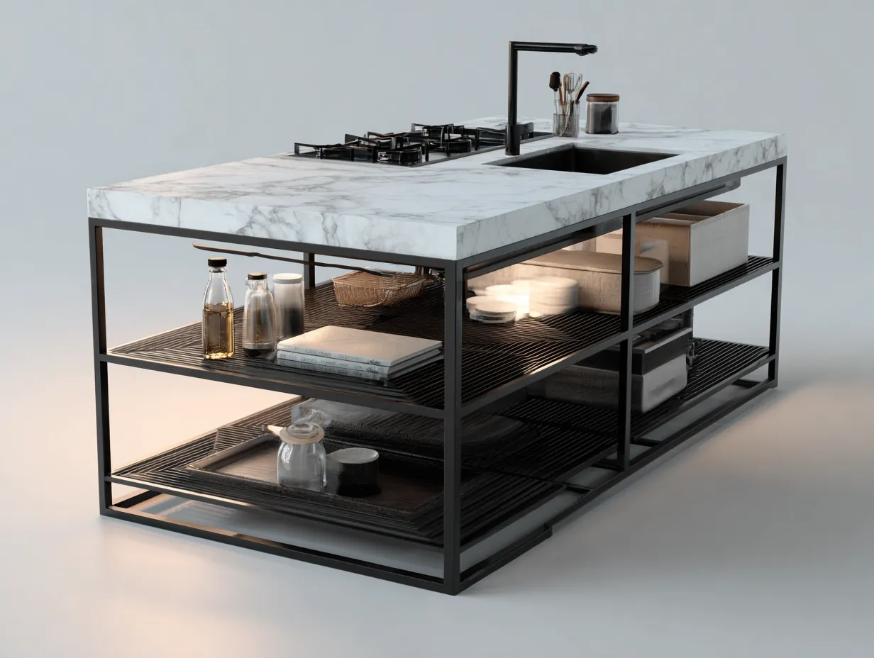 Islas de cocina acero negro encimera efecto mármol con estantes 160x80x90 cm - diseño industrial para cocina-Bamboogoio