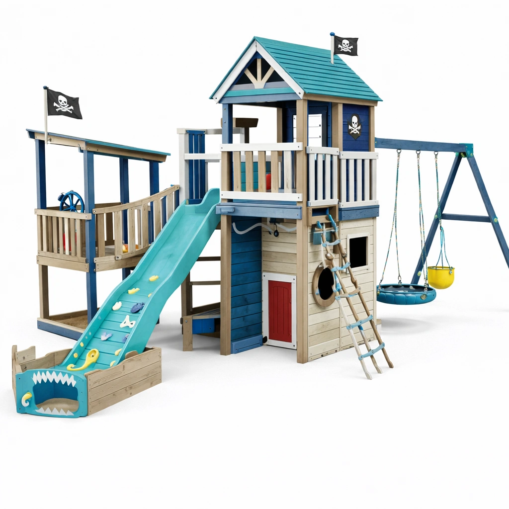 Aire de jeux bois thme pirate avec toboggan et balan?oires-xenqira