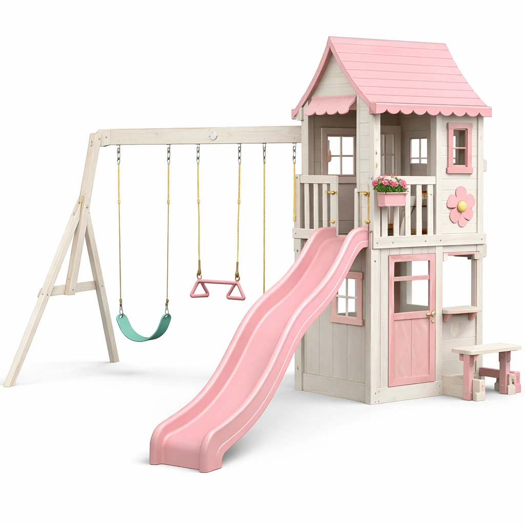 Maison de jeu bois rose avec toboggan et balan?oires-xenqira