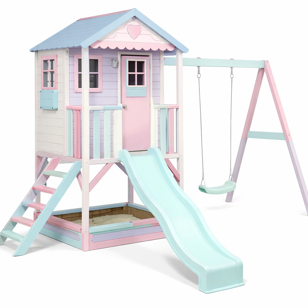 Maison de jeu pastel avec toboggan et bac  sable-xenqira