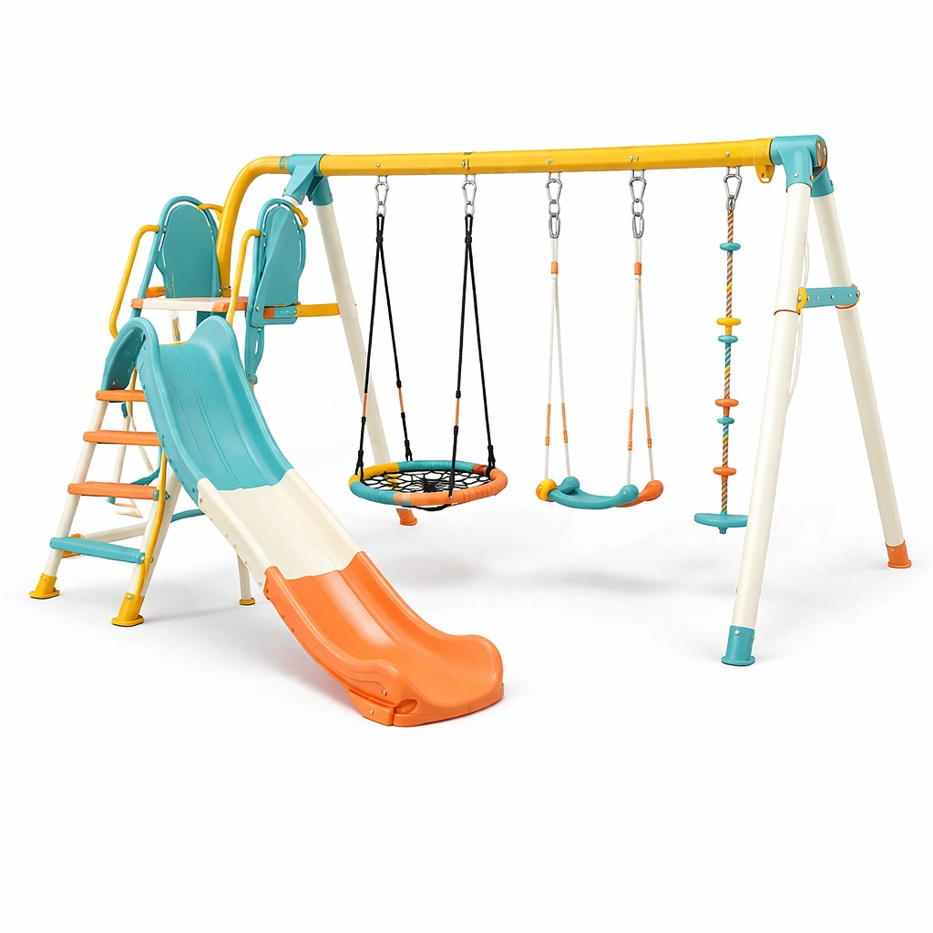 Aire de jeux mtal avec toboggan et multiples balan?oires-xenqira