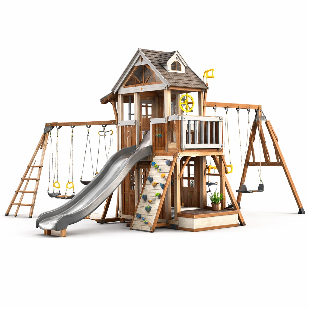 Grande aire de jeux bois avec toboggan et balan?oires-xenqira