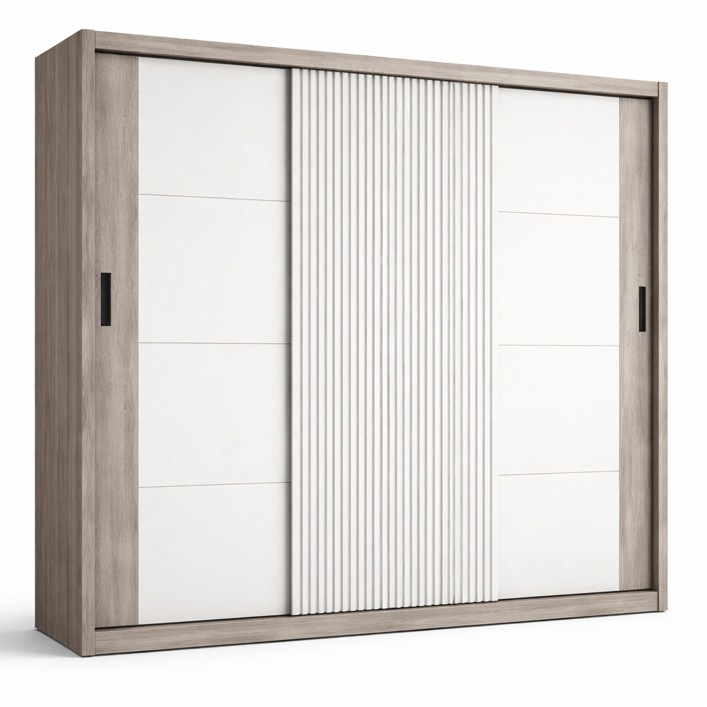 Armoire coulissante moderne finition bois et panneaux blancs-xenqira
