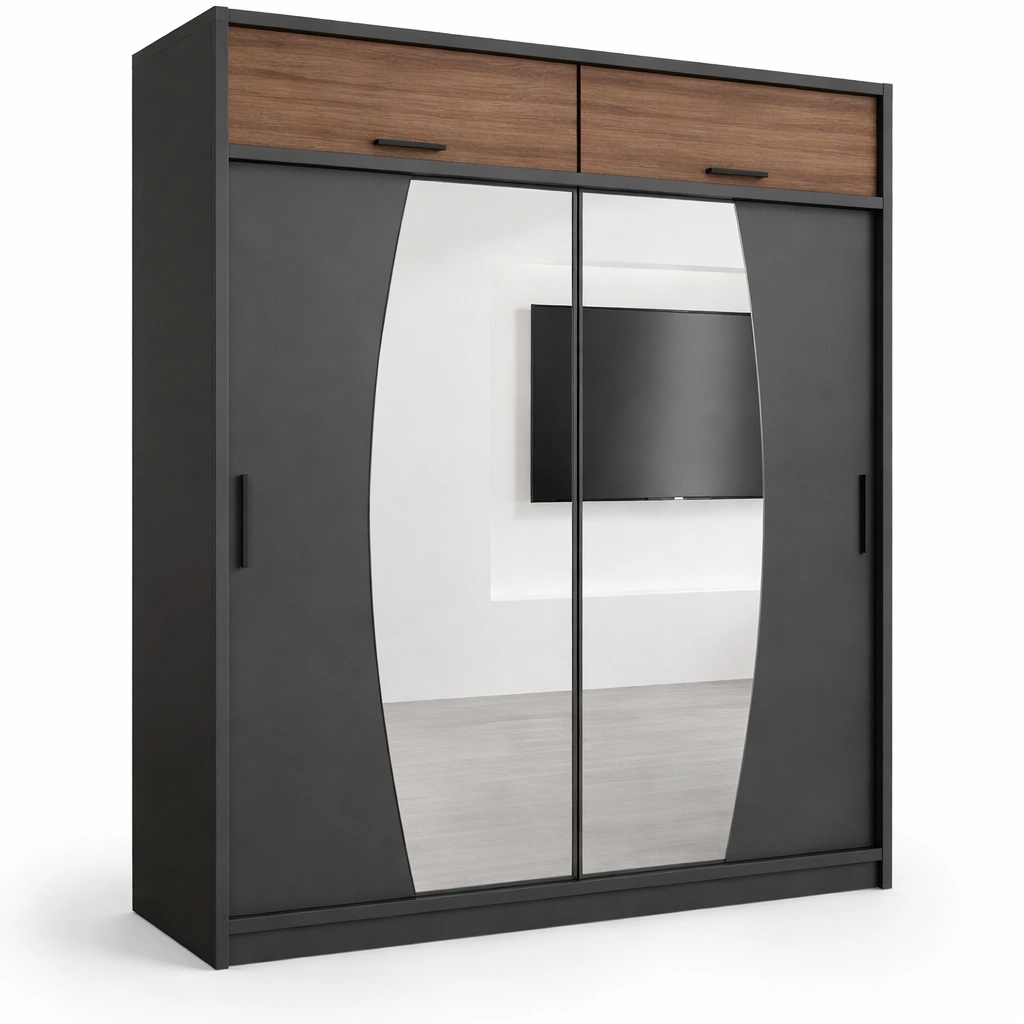 Armoire coulissante noire avec miroir et tiroirs suprieurs-xenqira