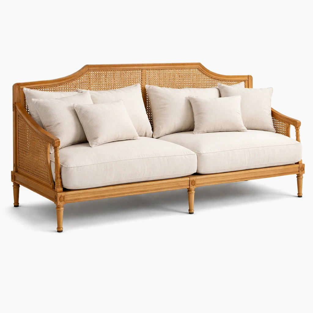 Canap bois avec dossier cannage et coussins pais-xenqira