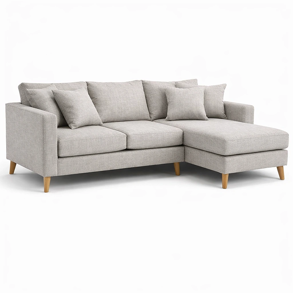 Canap angle tissu gris avec mridienne et coussins-xenqira