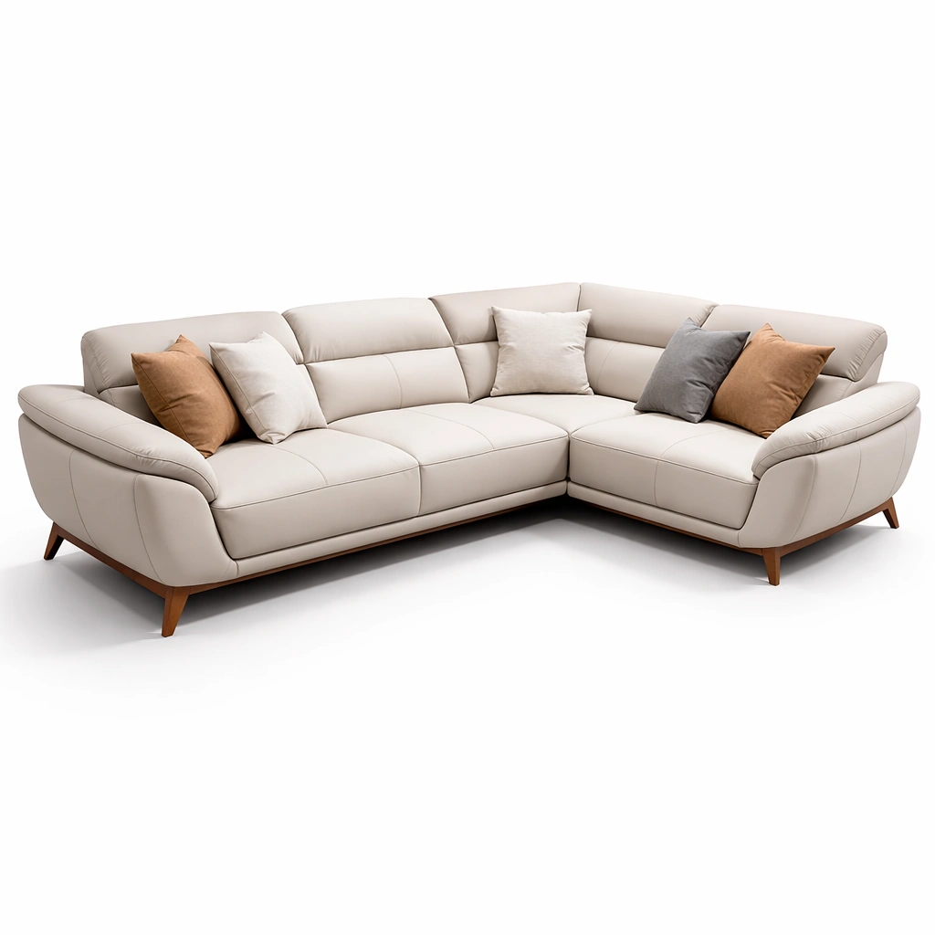 Canap angle cuir beige avec pieds bois et coussins-xenqira