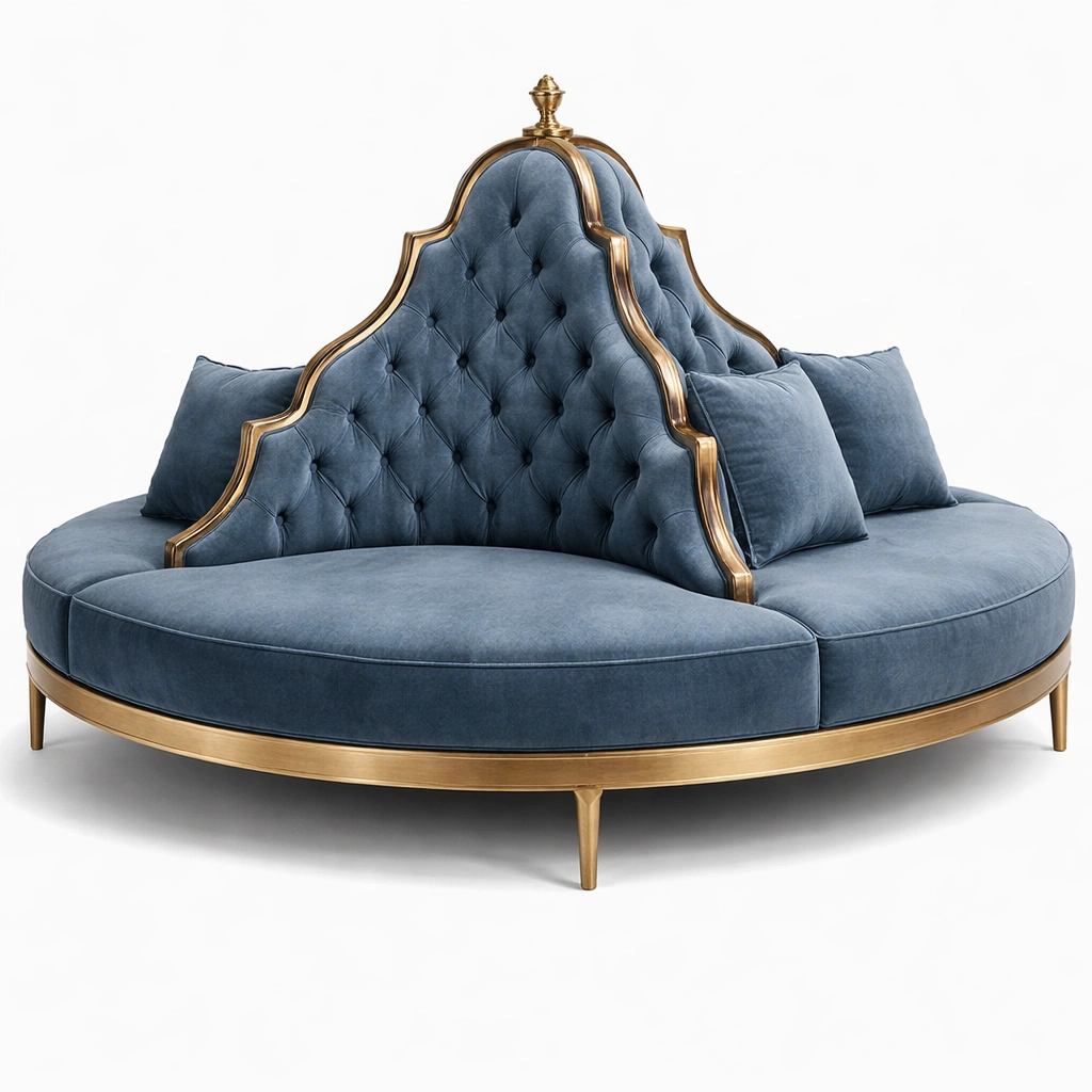 Canap circulaire velours bleu avec structure mtal dor-xenqira