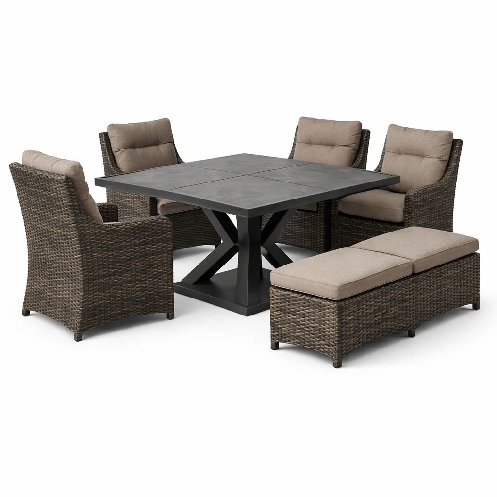 Salon repas extrieur rsine tresse avec table et banc-xenqira