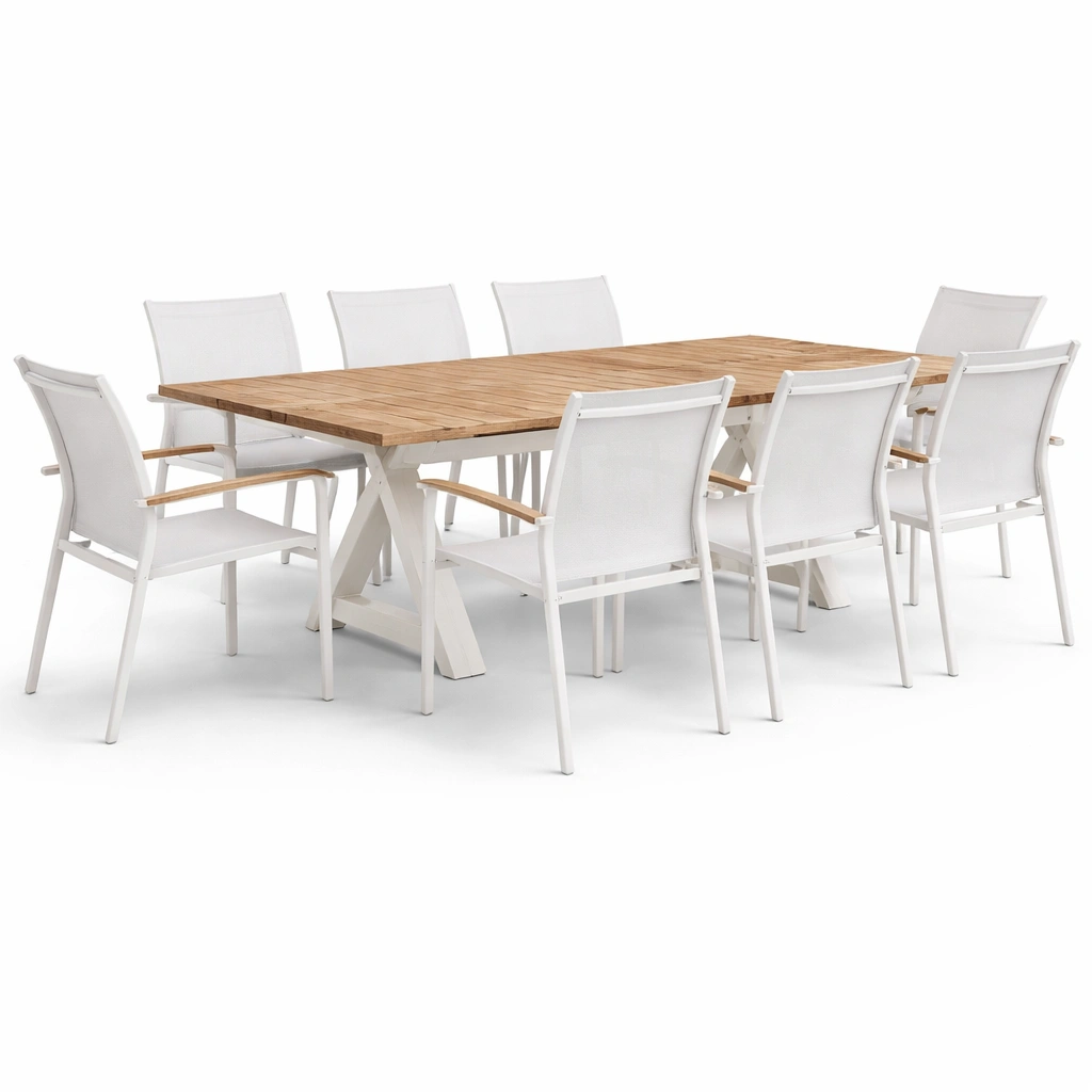 Table repas extrieure bois avec chaises aluminium blanc-xenqira