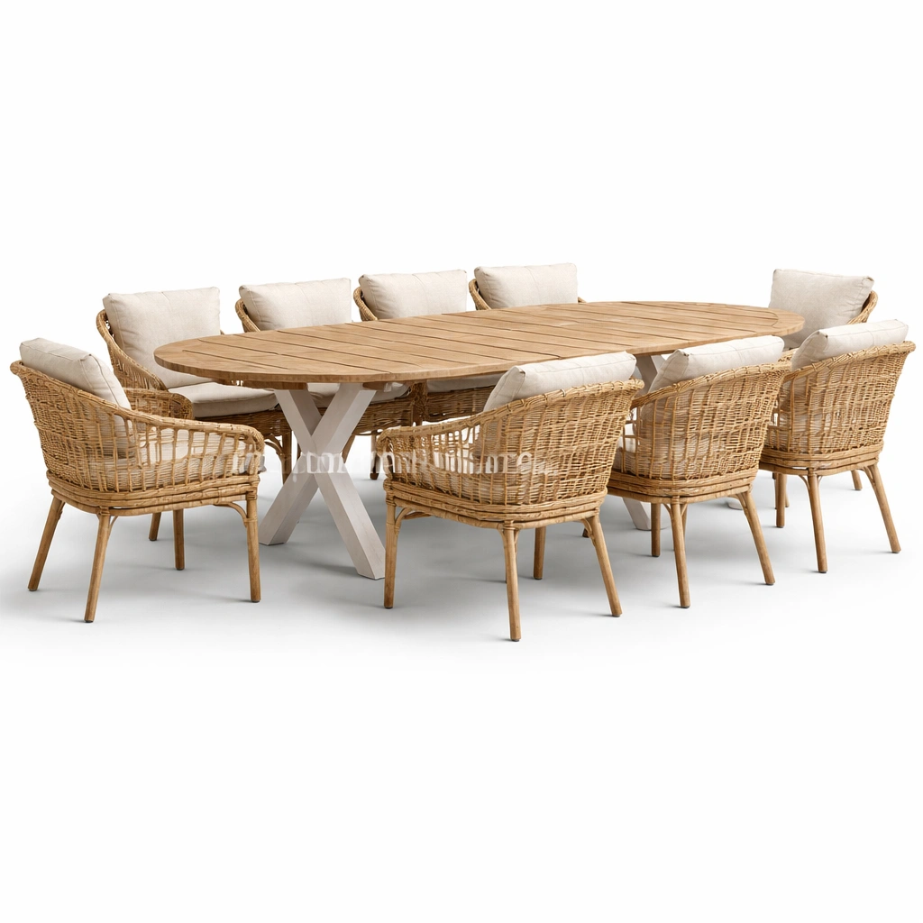 Ensemble repas jardin bois et rotin avec table extensible-xenqira