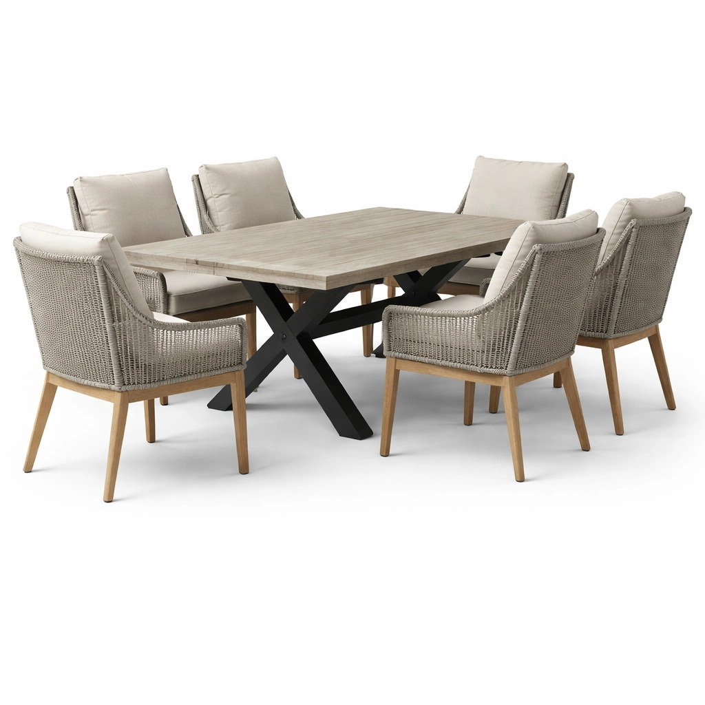 Table repas moderne bois avec chaises cordage et mtal-xenqira