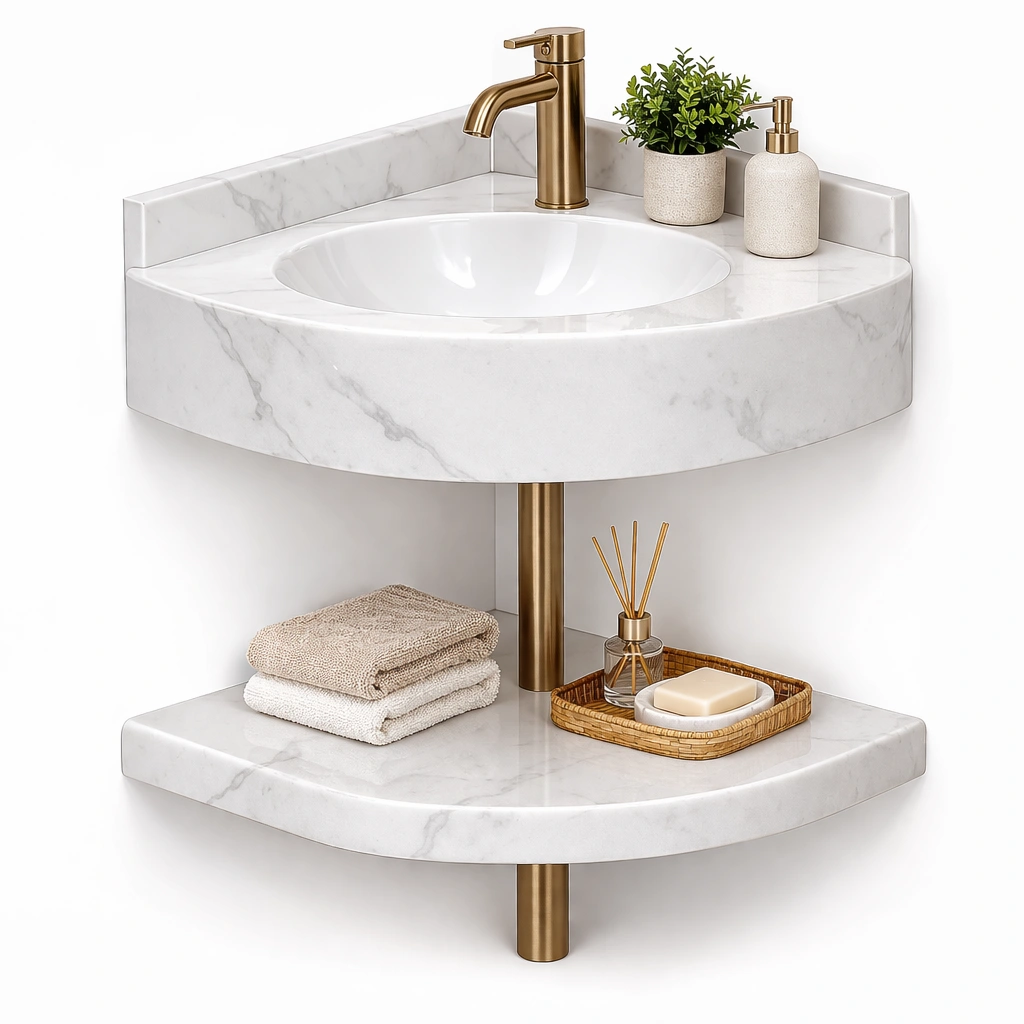 Lavabo angle marbre avec tagre infrieure et robinet dor-xenqira