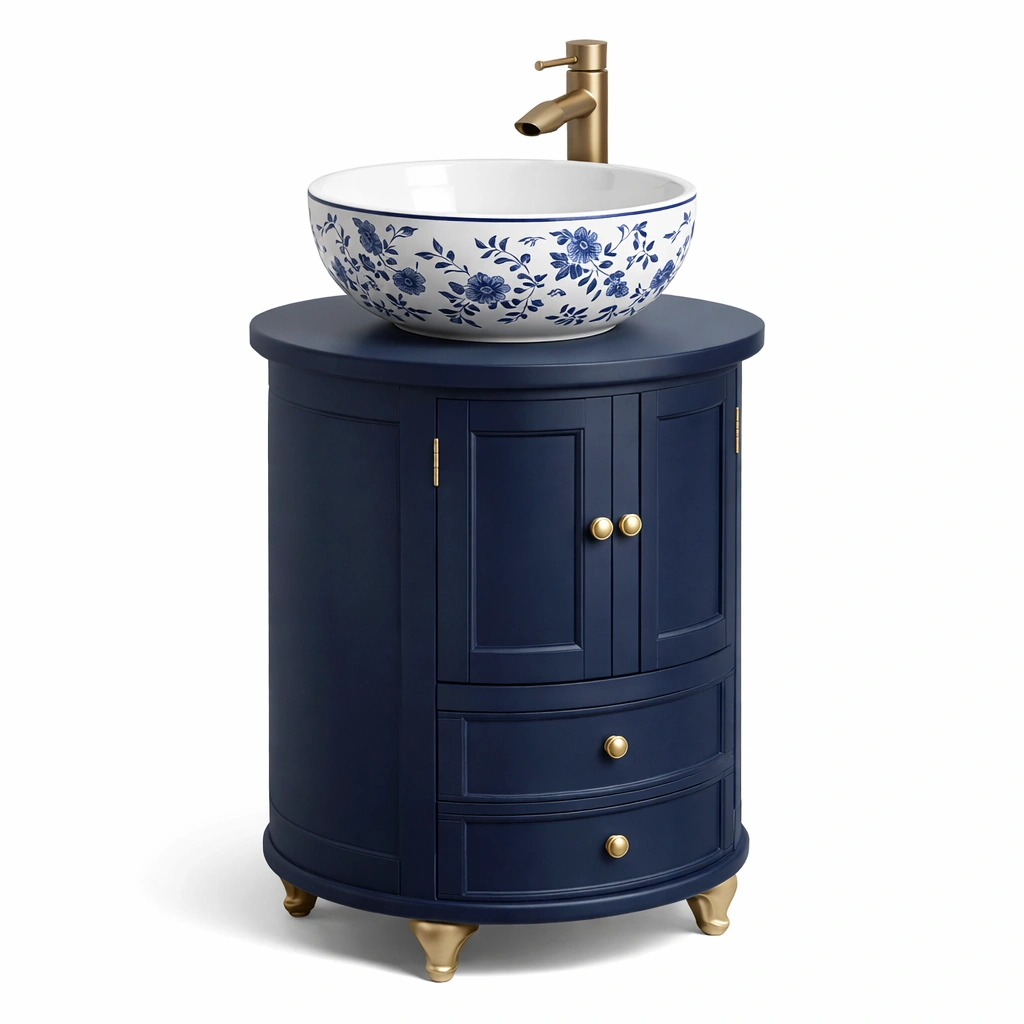 Meuble lavabo arrondi bleu avec vasque cramique dcore-xenqira