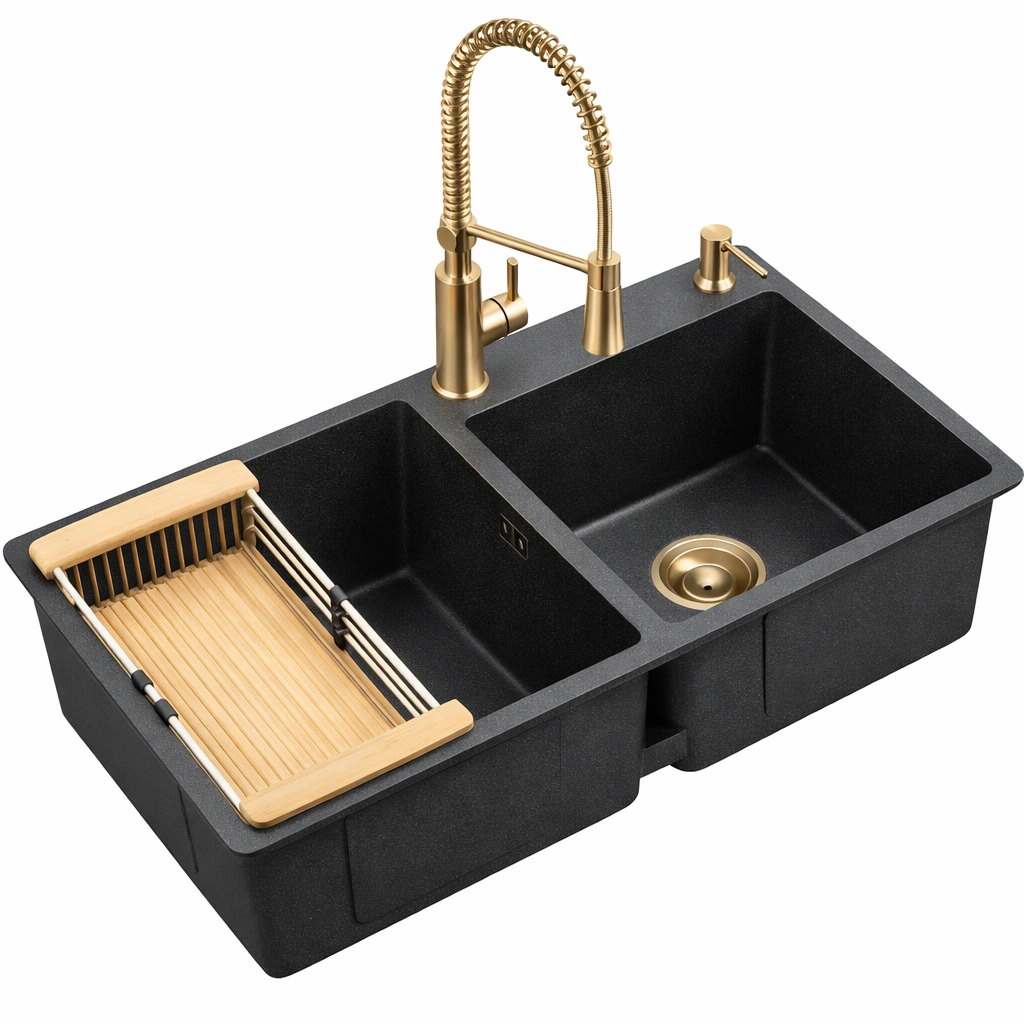 vier cuisine double bac granit noir avec accessoires-xenqira