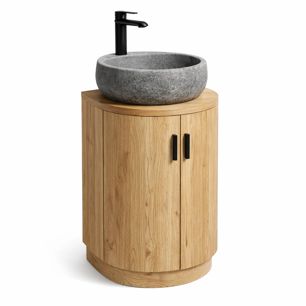 Meuble lavabo bois clair avec vasque pierre ronde-xenqira