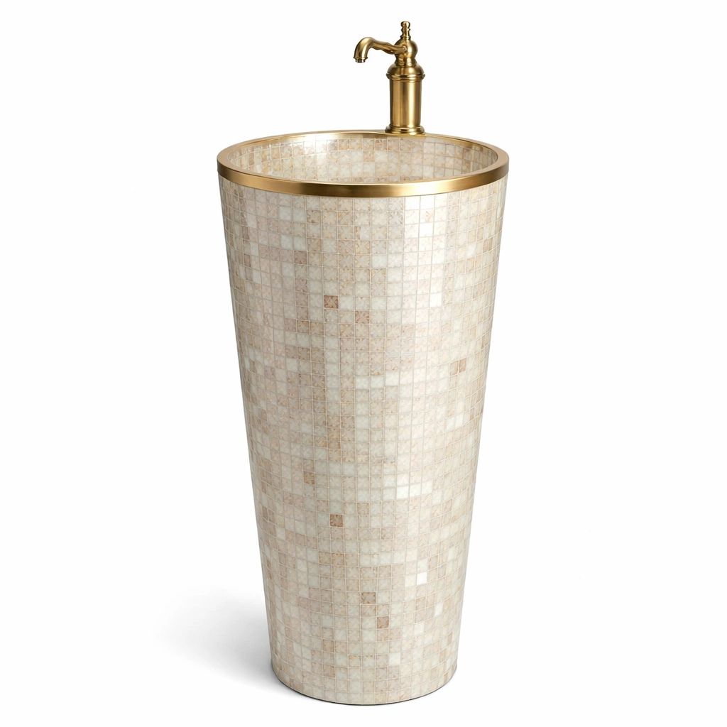 Vasque colonne mosa?que beige avec robinet dor-xenqira