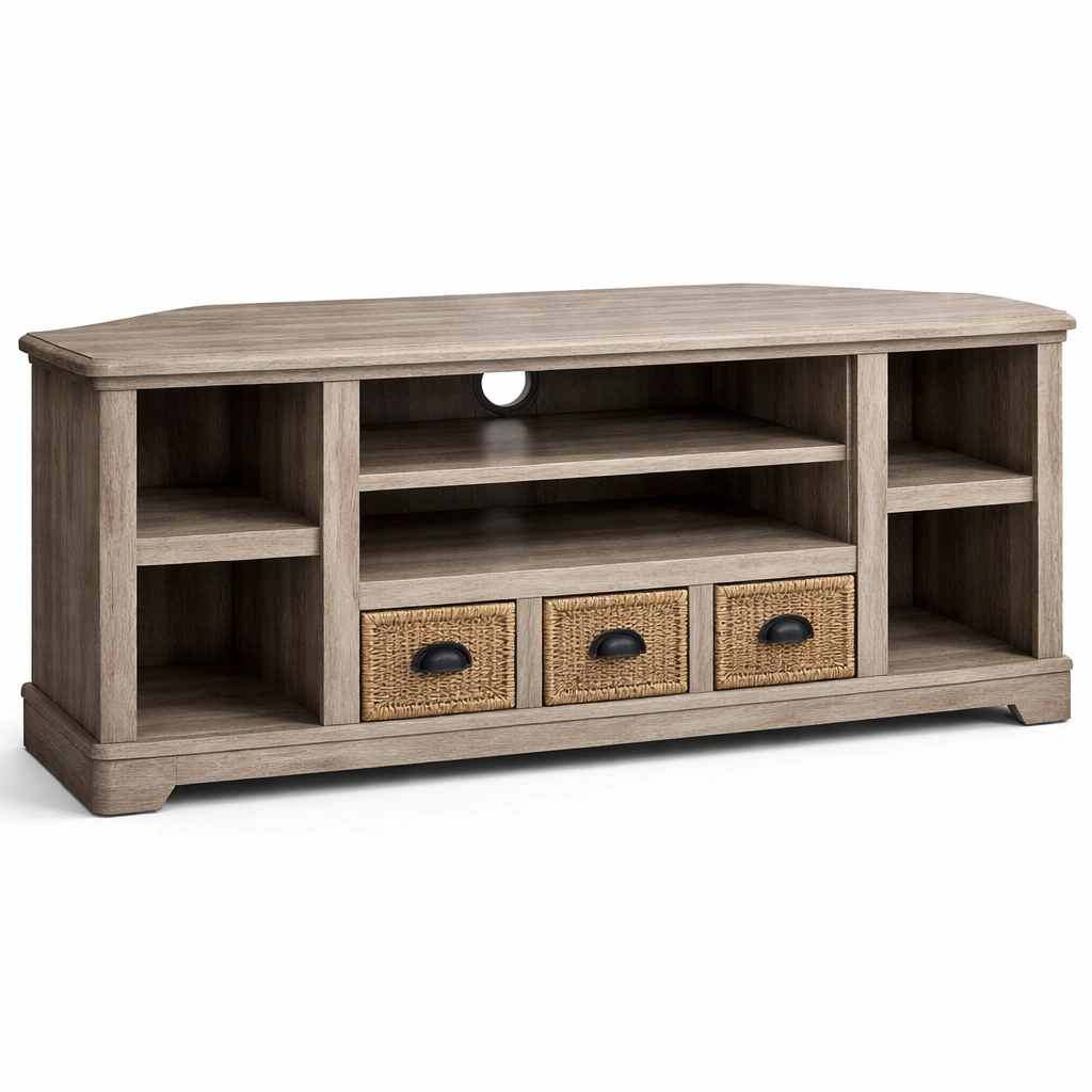 Meuble TV bois avec niches ouvertes et tiroirs rotin-xenqira