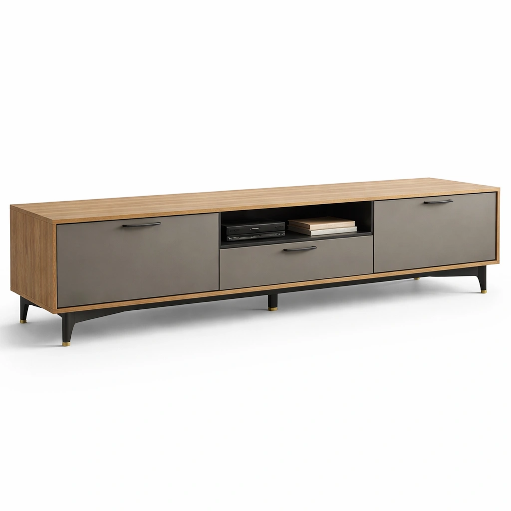 Meuble TV moderne bois avec portes et tagre centrale-xenqira