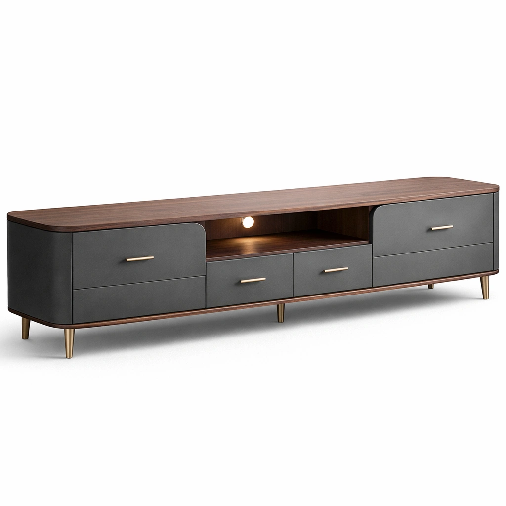 Meuble TV design bois fonc avec tiroirs et clairage intgr-xenqira