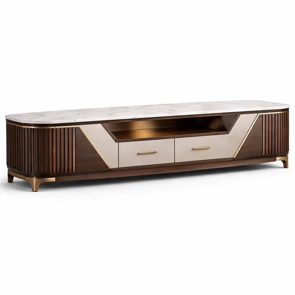 Meuble TV marbre avec fa?ade bois et dtails mtal dor-xenqira