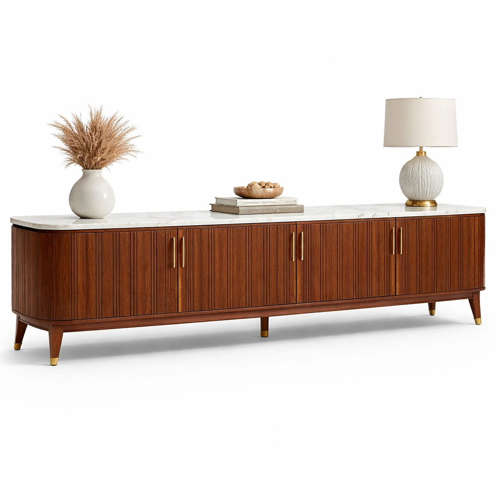 Meuble TV bois avec portes multiples et plateau marbre-xenqira