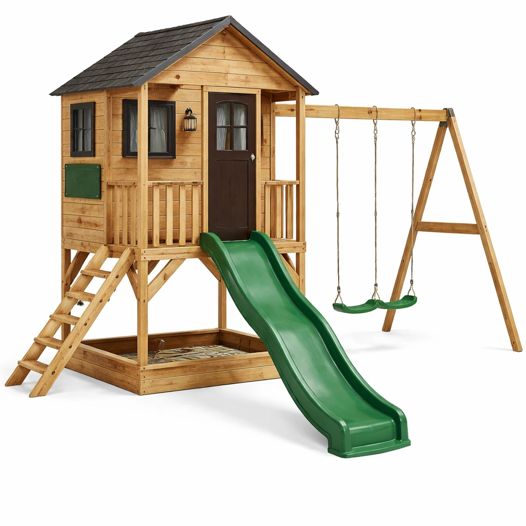 Aire de jeux bois avec cabane toboggan et balan?oires-zenvaryn