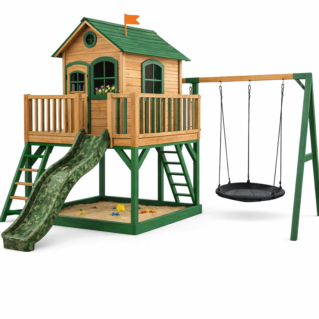 Aire de jeux bois vert avec cabane toboggan et balan?oire ronde-zenvaryn