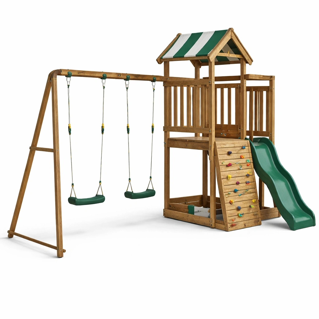 Aire de jeux bois avec mur escalade toboggan et balan?oires-zenvaryn