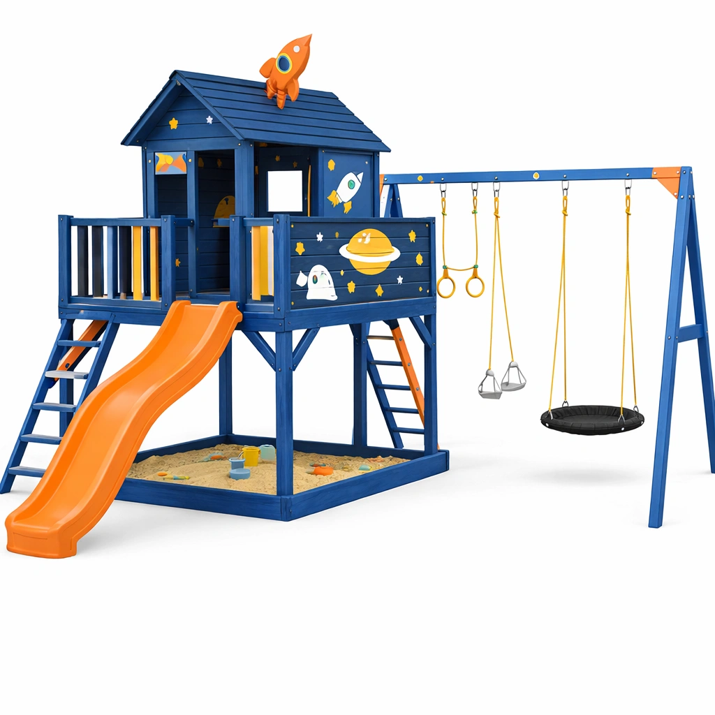 Aire de jeux bois bleu avec toboggan et balan?oire nid-zenvaryn