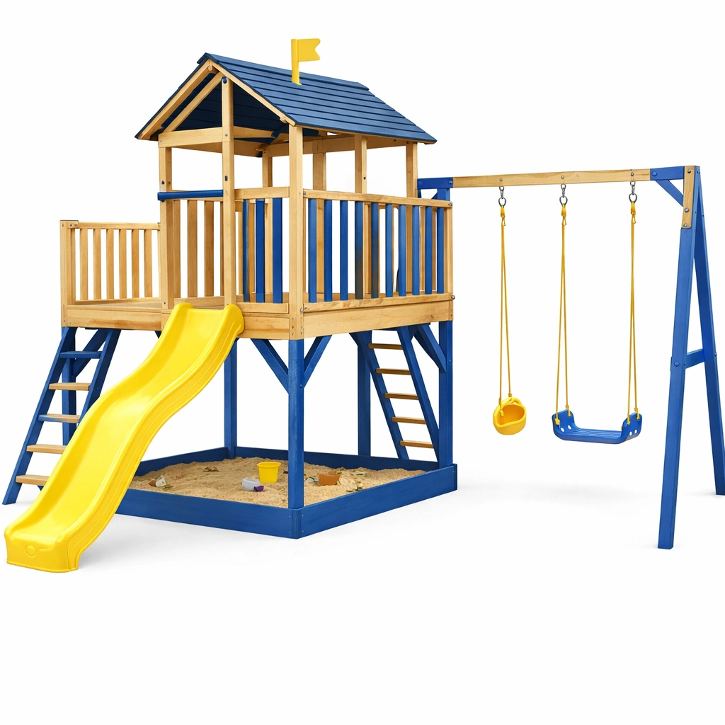 Aire de jeux bois avec toboggan jaune et balan?oires doubles-zenvaryn