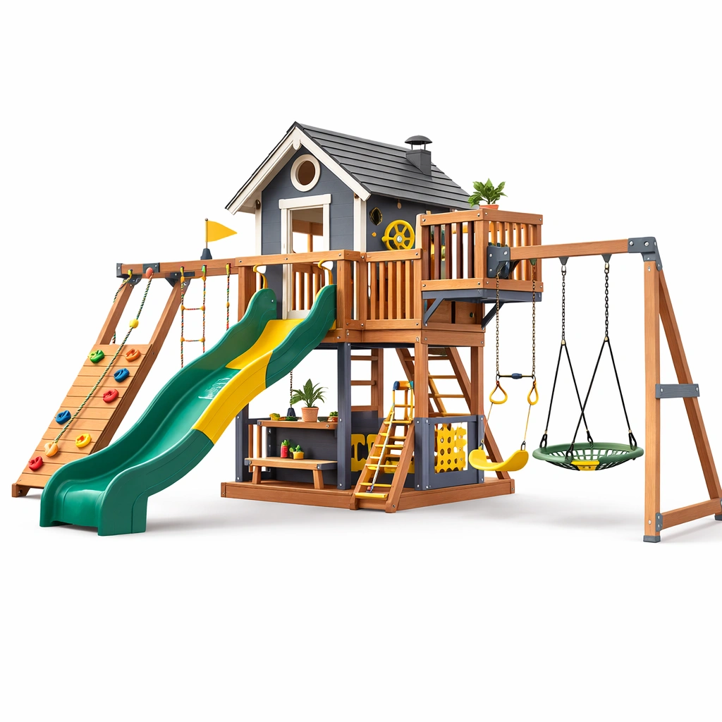 Aire de jeux bois avec double toboggan et modules escalade-zenvaryn