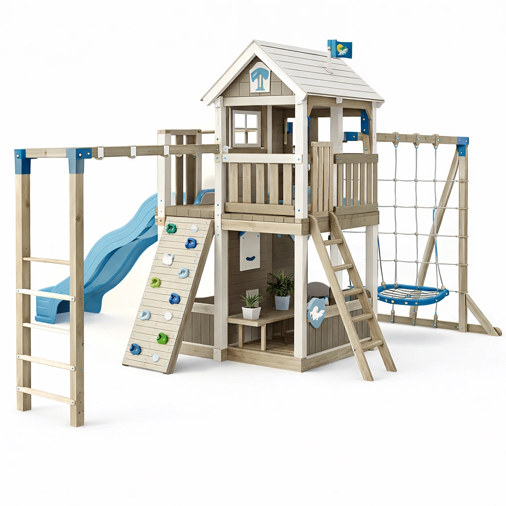 Aire de jeux bois blanc avec filet escalade et toboggan-zenvaryn