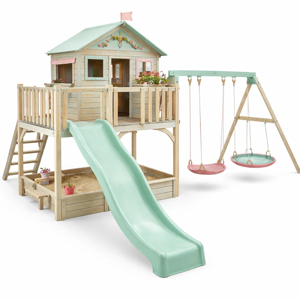 Aire de jeux bois pastel avec cabane toboggan et balan?oires-zenvaryn