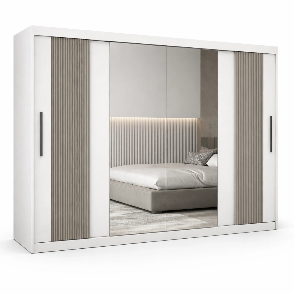 Armoire coulissante moderne avec miroir central et panneaux texturs-zenvaryn