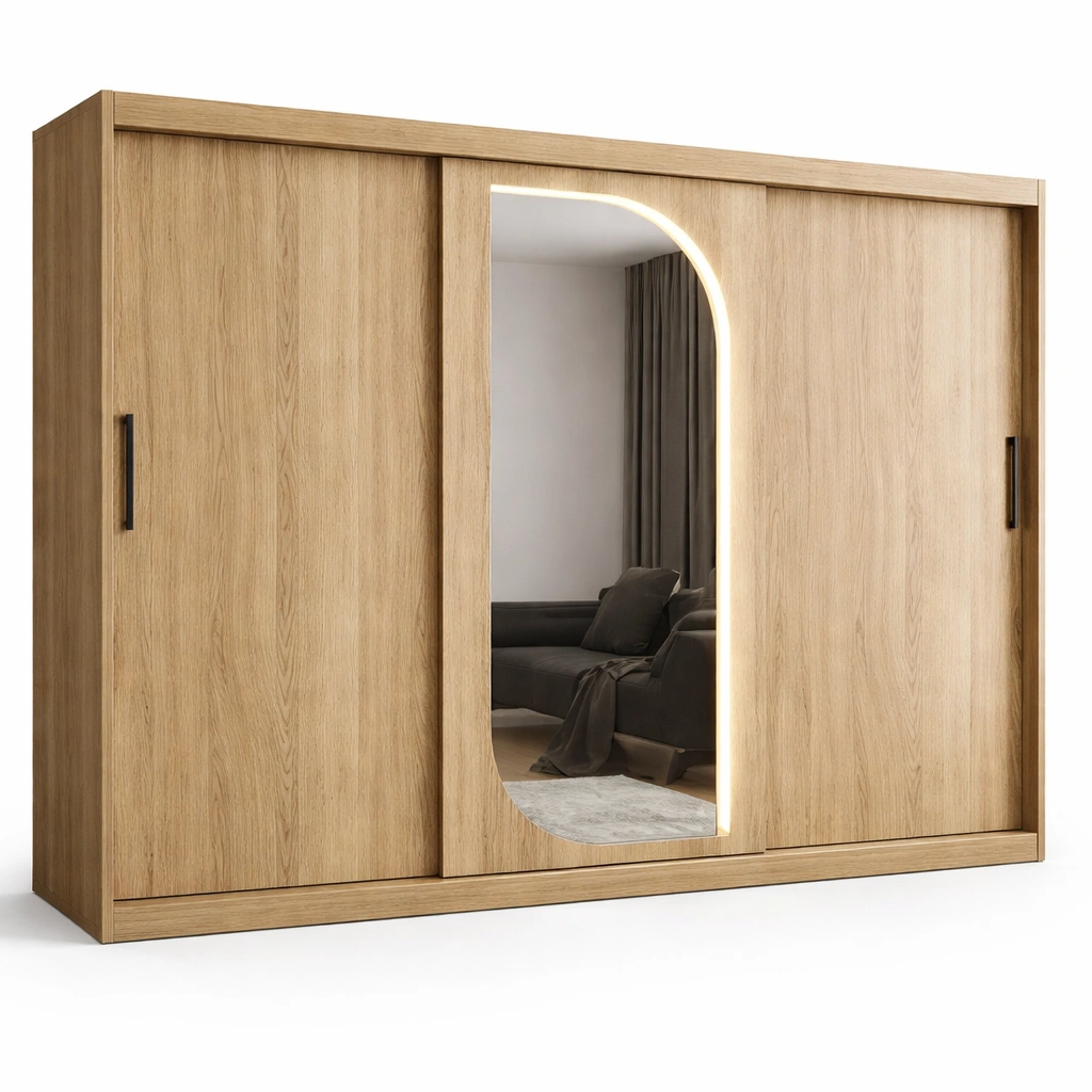Armoire coulissante bois avec miroir central et clairage LED-zenvaryn
