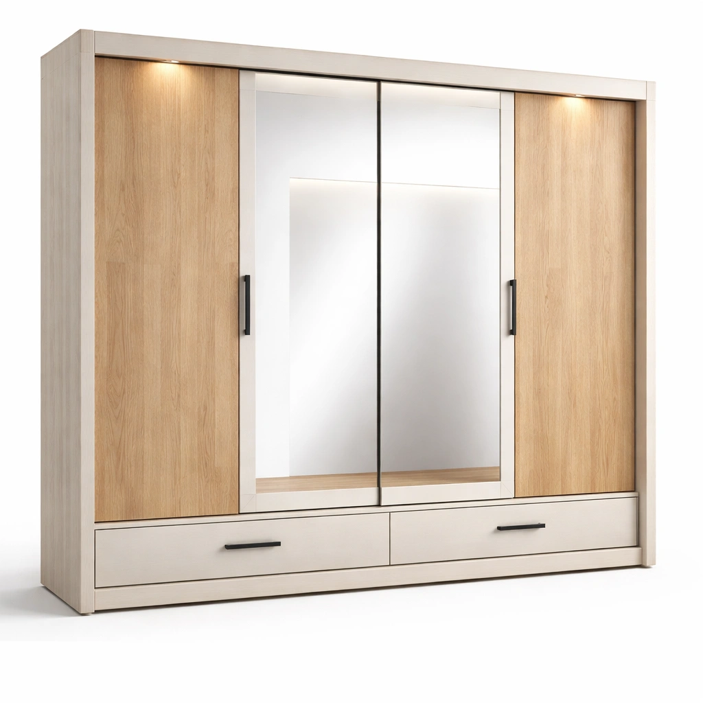 Armoire coulissante bois avec miroir et tiroirs infrieurs-zenvaryn