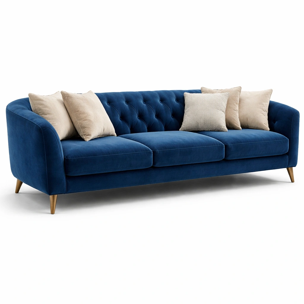 Canap velours bleu avec dossier capitonn et coussins-zenvaryn