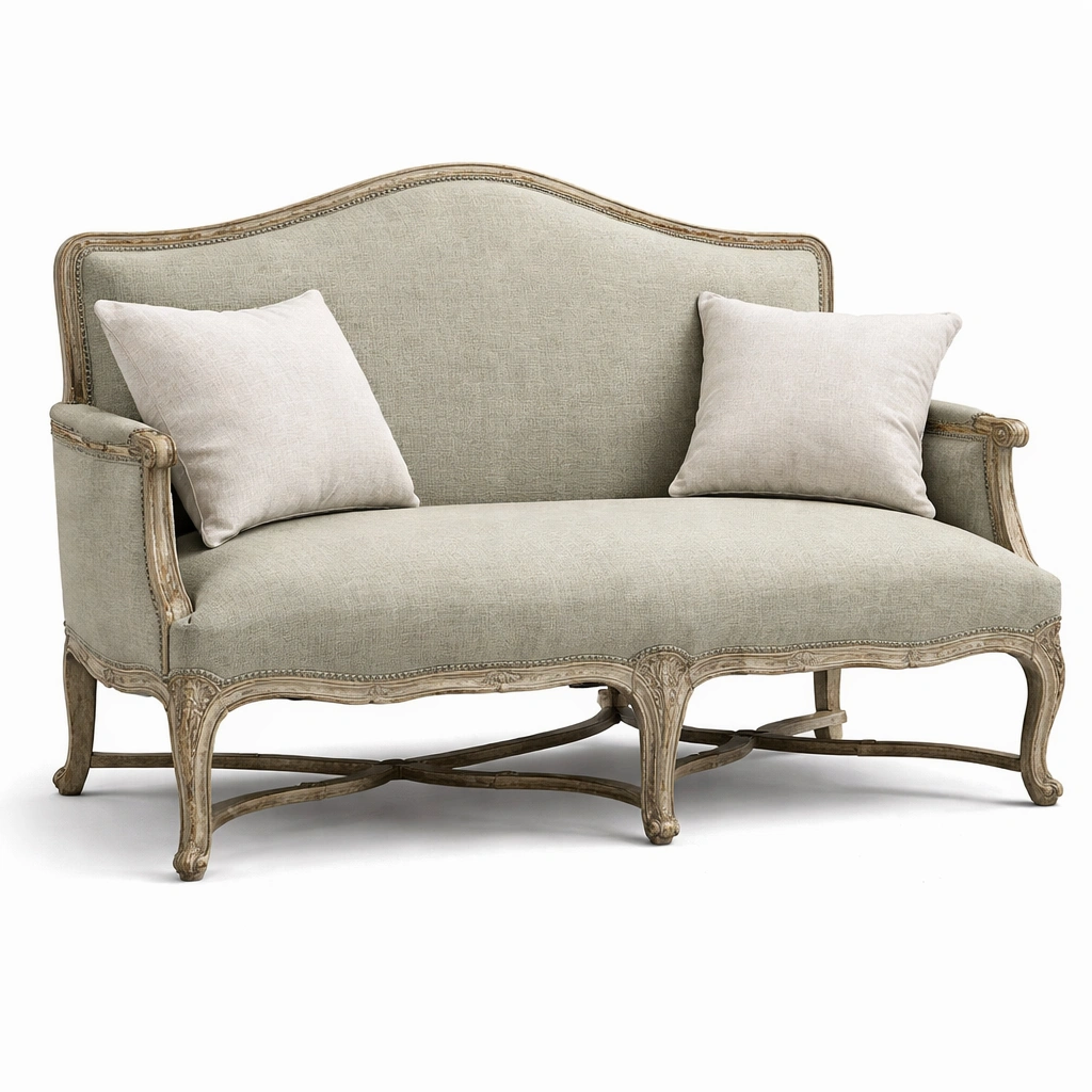 Canap classique tissu avec structure sculpte bois-zenvaryn