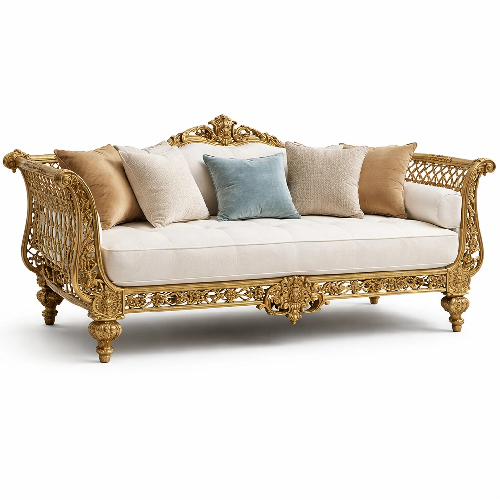 Canap luxe dor avec structure orne et coussins multiples-zenvaryn