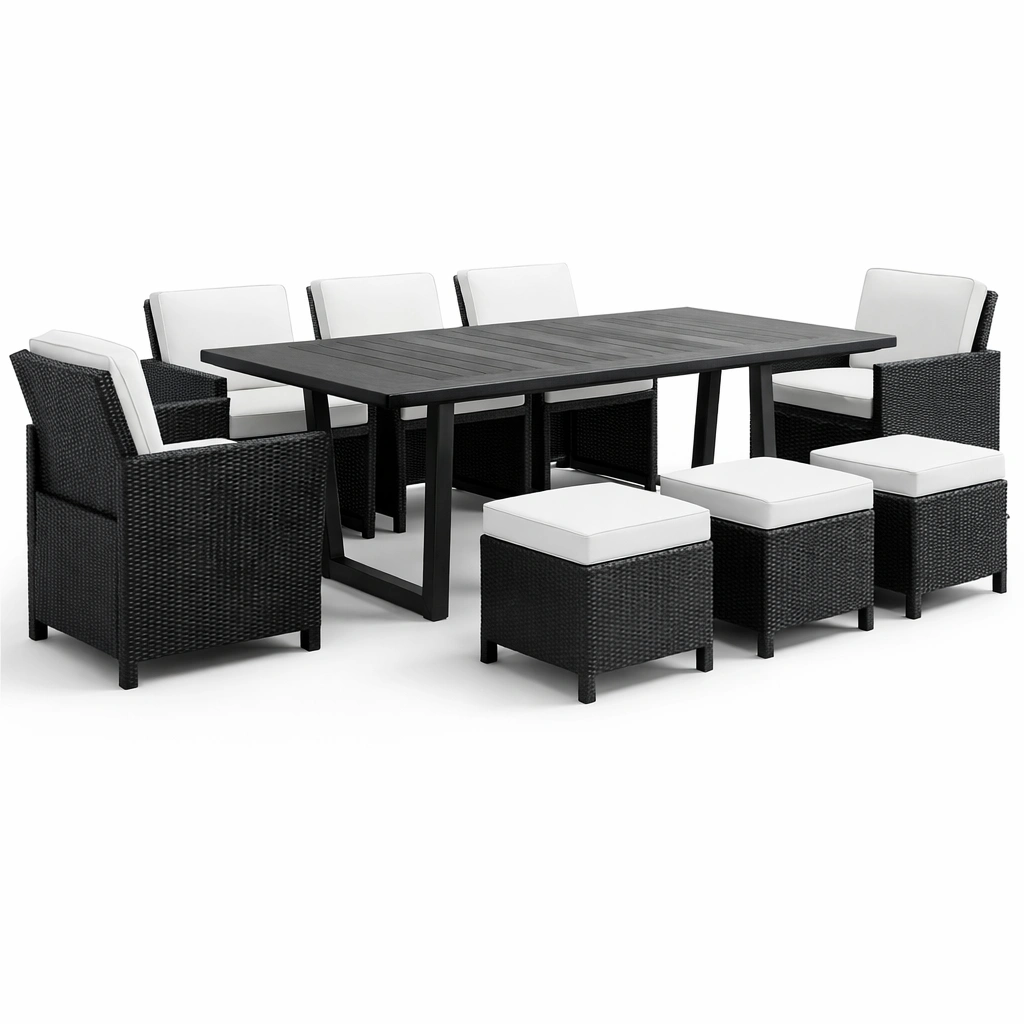 Ensemble table extrieur rsine tresse avec fauteuils et tabourets-zenvaryn