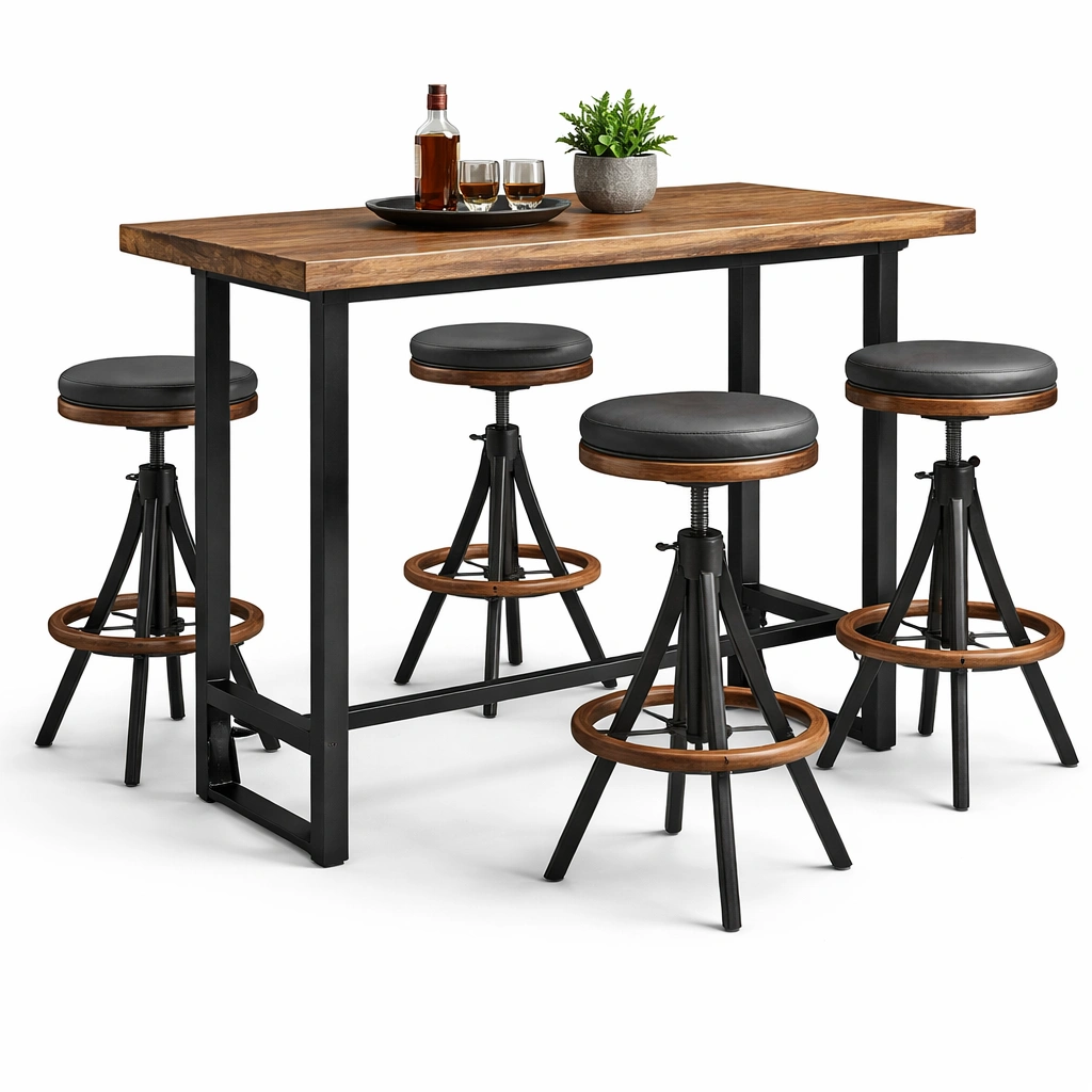Table bar industrielle bois avec 4 tabourets rglables-zenvaryn