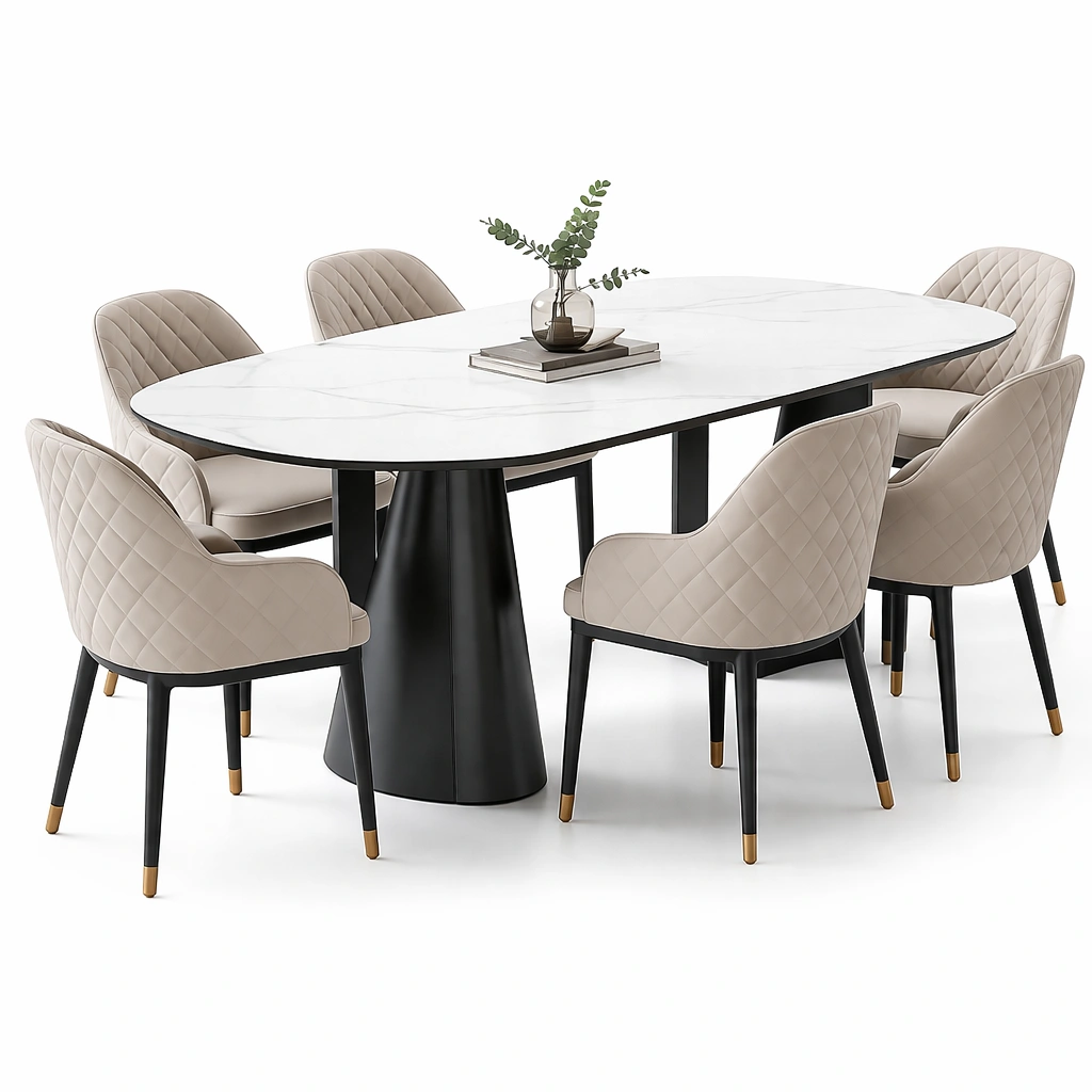 Ensemble table ovale effet marbre avec 6 chaises capitonnes-zenvaryn
