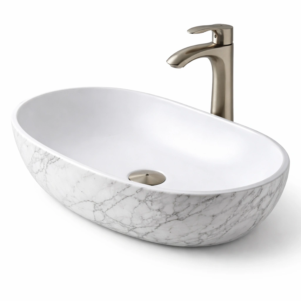 Vasque  poser ovale effet marbre blanc avec robinet dor-zenvaryn