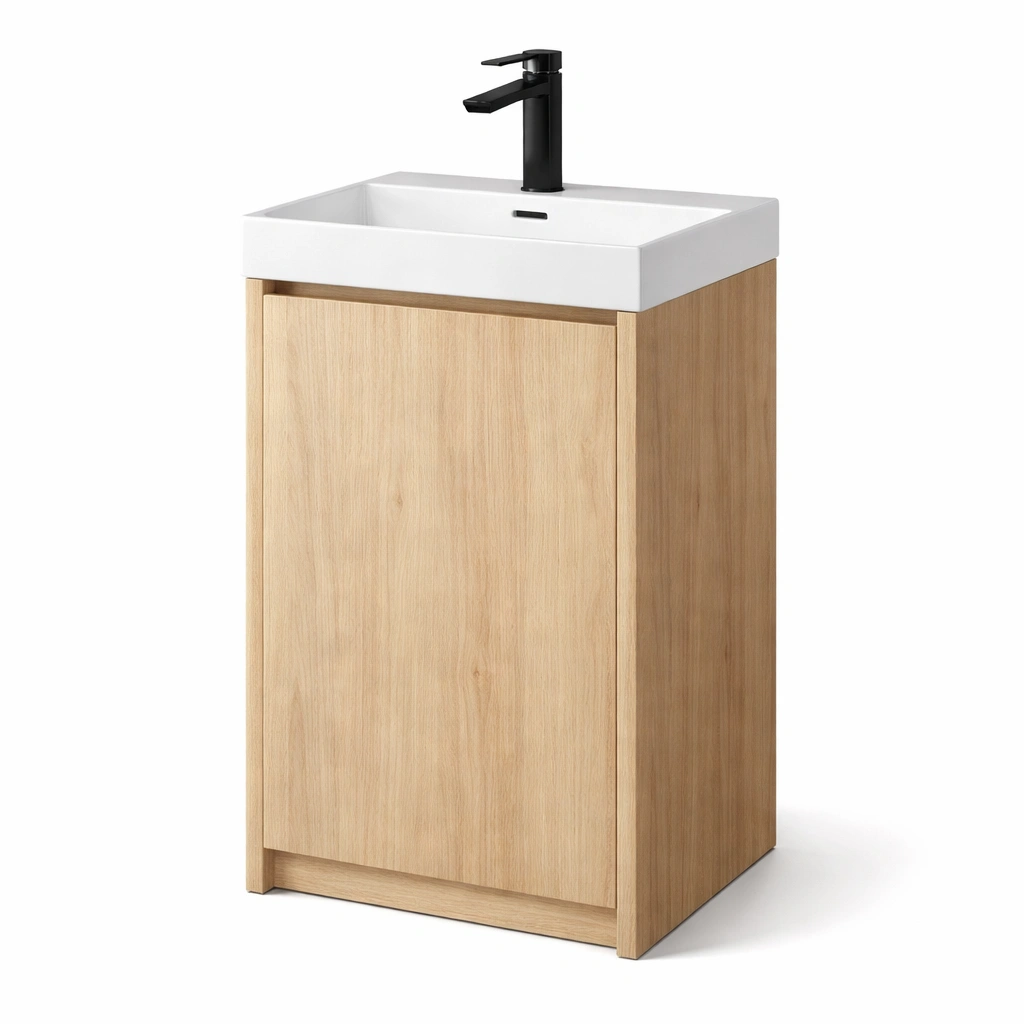 Meuble vasque compact bois clair avec lavabo blanc et robinet noir-zenvaryn